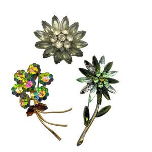 Flower Brooch Pins Vintage Womens Rainbow Garden of Retro Colorful Gem Set Of 3